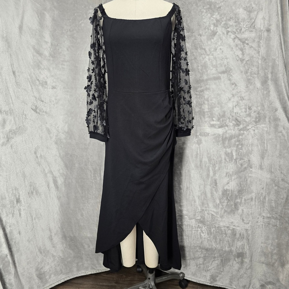 BTFBM Womens L Black Floral Mesh Ruched Maxi Hi Low‎ Dress Whimsigoth Romantic